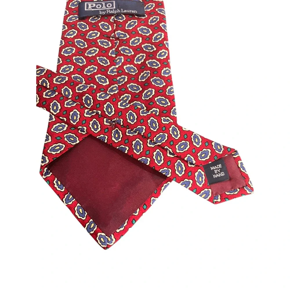 Polo Ralph Lauren Red Silk Medallion Geometric Print Mens Necktie Made By Hand